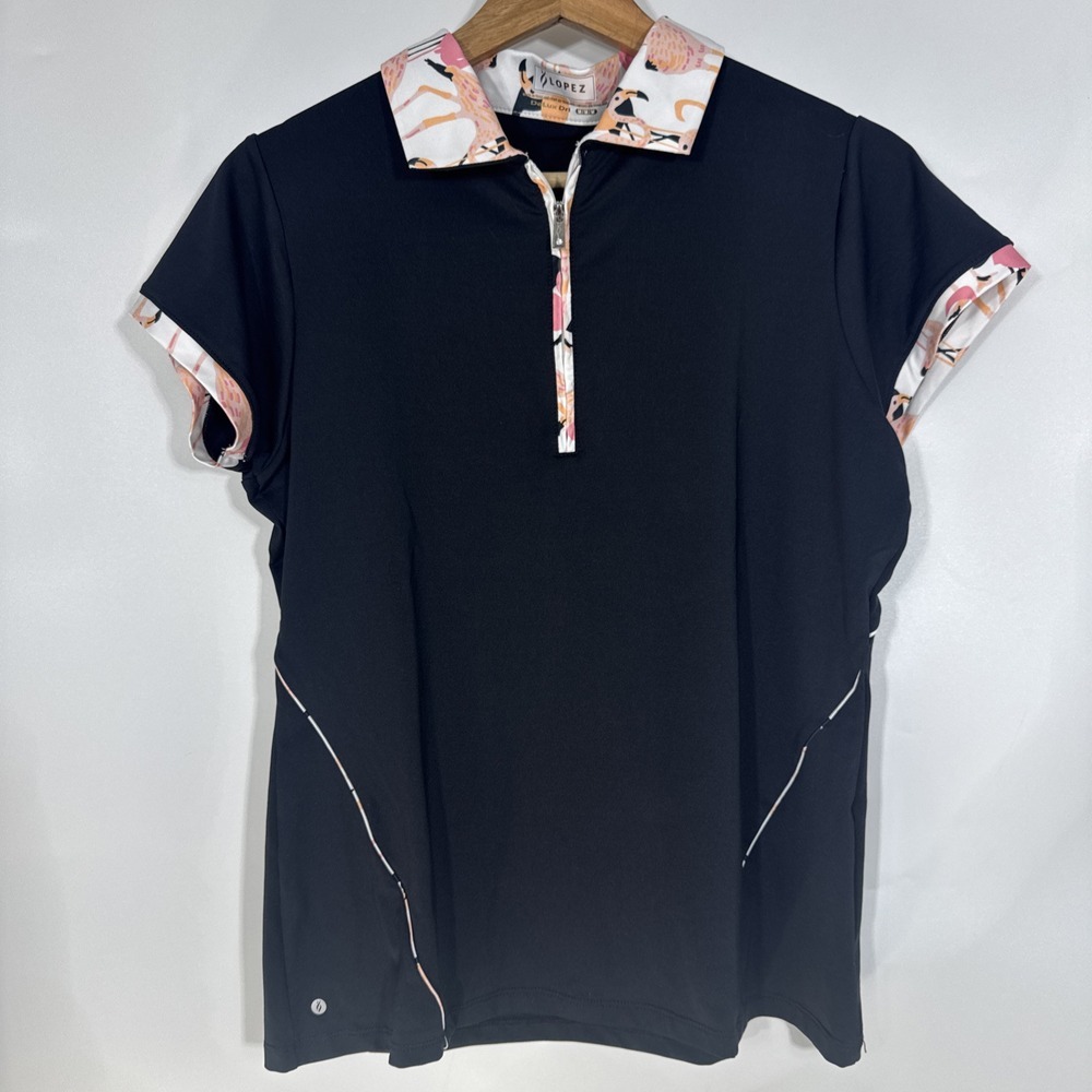 Nancy Lopez DeLux Dri Womens Black Flamingo Print Golf Polo Shirt Size M